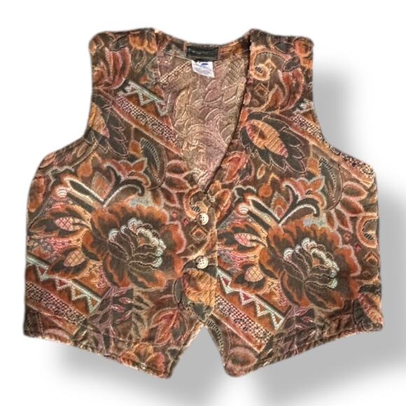Vintage 90s Willowbend Floral Tapestry Vest Brown Rust Green Western Medium - Picture 1 of 9
